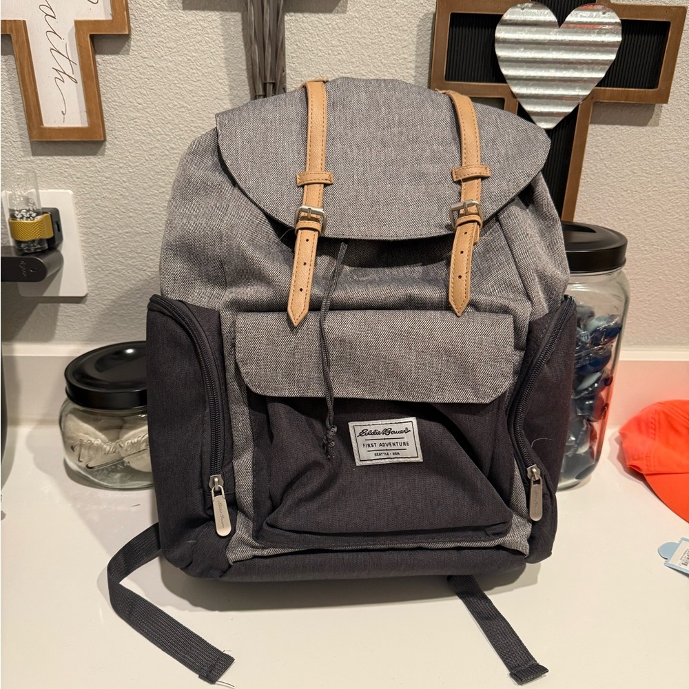 Eddie Bauer Gray and Black Diaper Backpack with Tan Accents